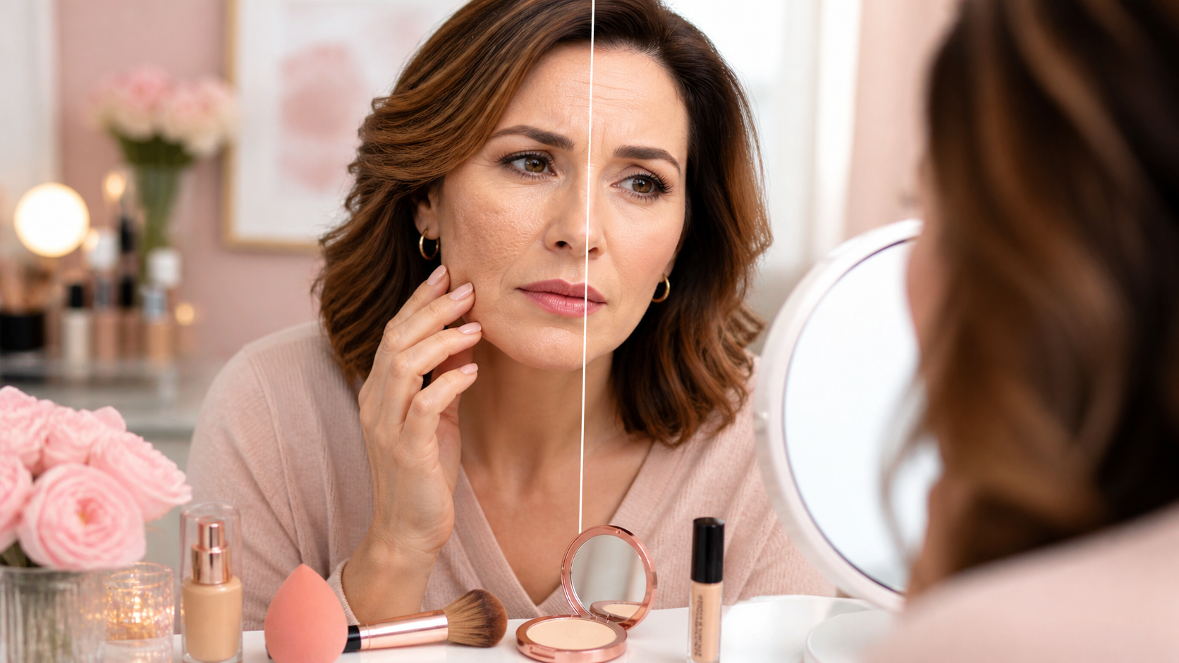 Cakey makeup guide showing foundation texture and smoother makeup application