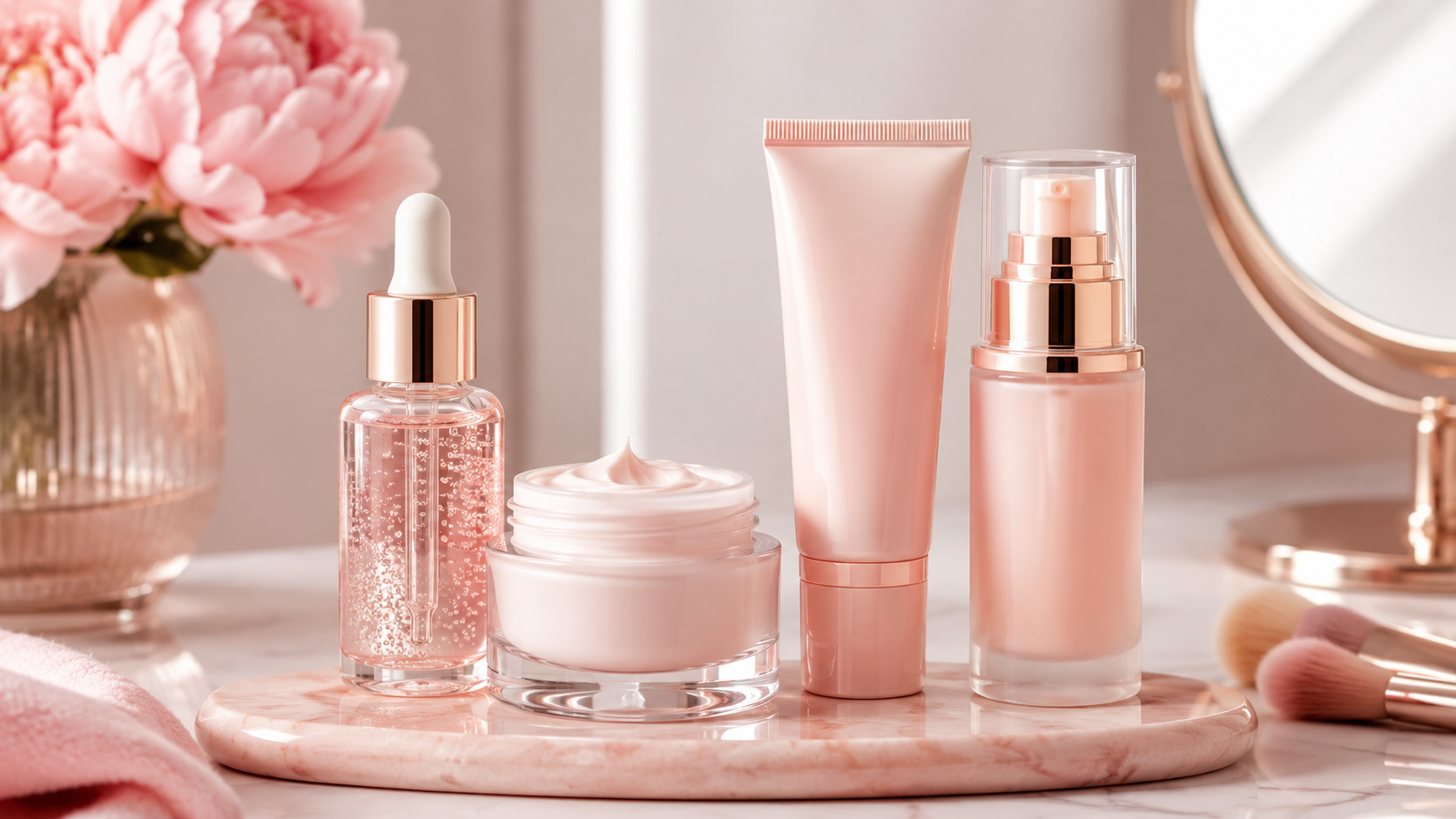 Products for skin prep including serum moisturizer sunscreen and primer