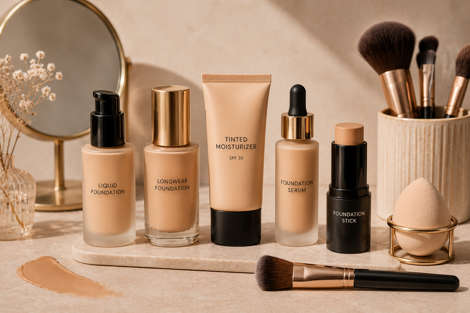 Products for foundation skin tint and full beat complexion makeup