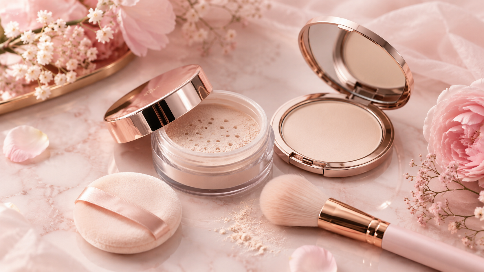 Products for setting powder loose powder pressed powder and powder puffs