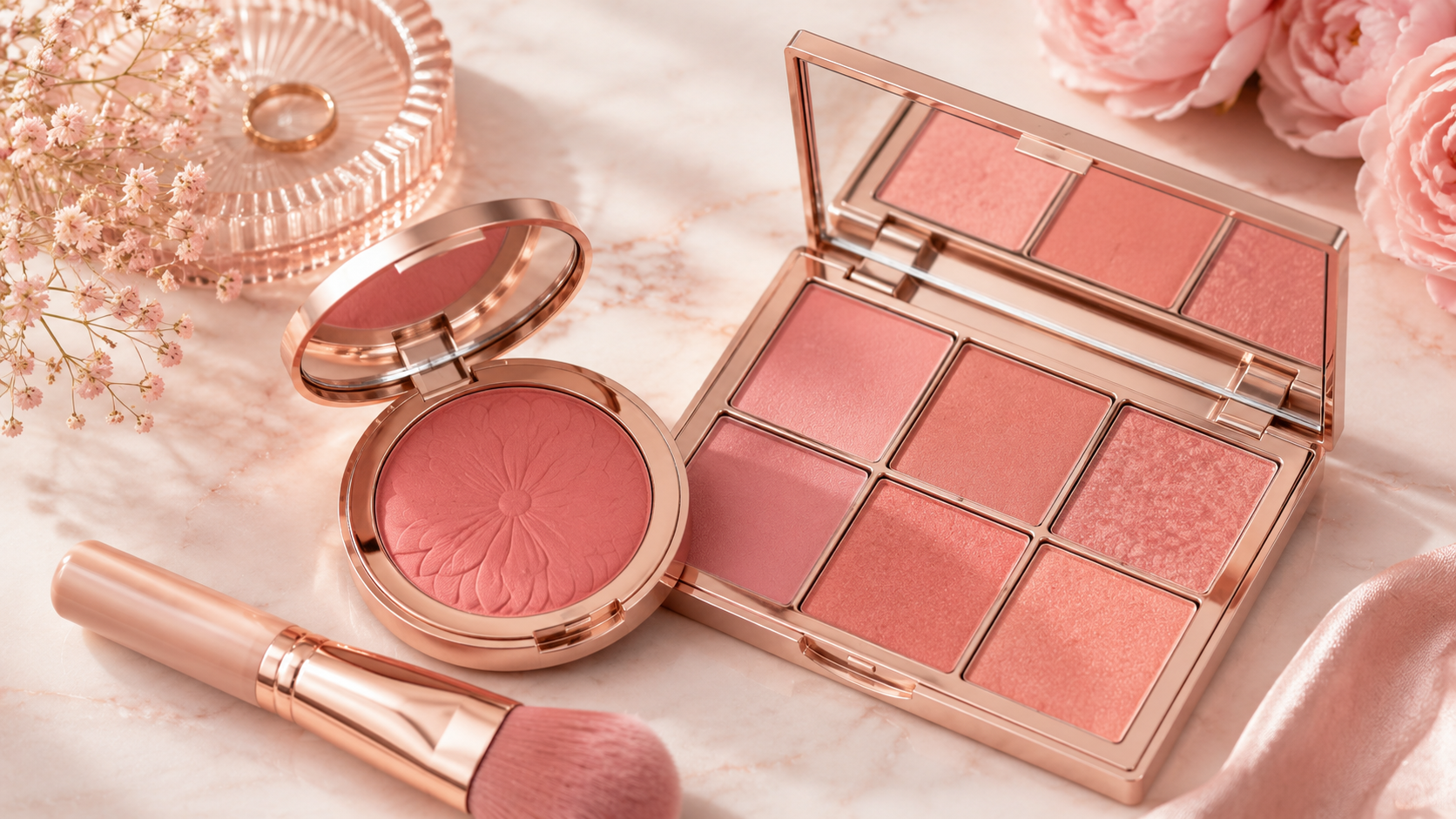 Products for blush placed from center of iris outward above contour