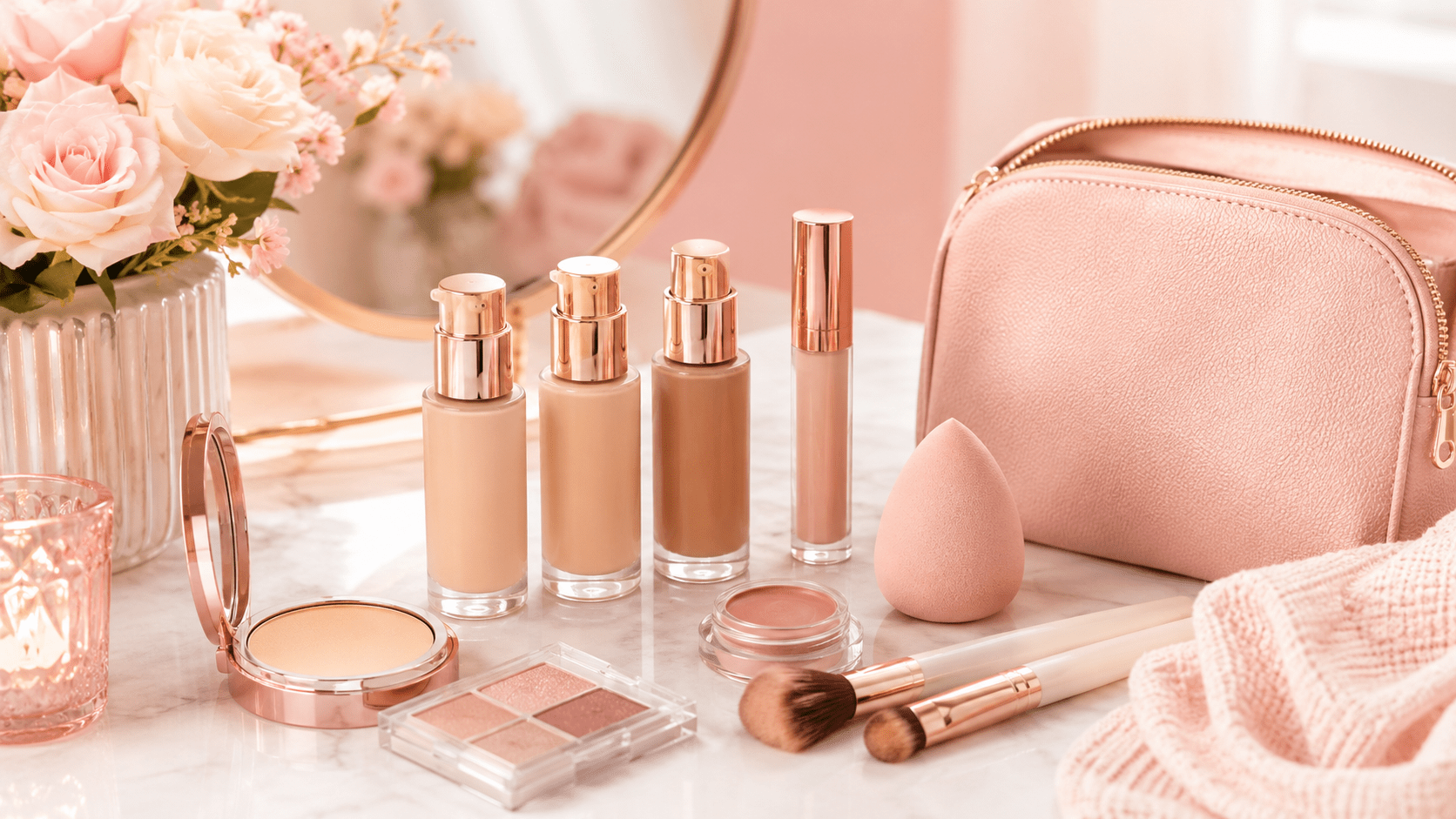 First Things First beginner makeup guide library with foundation concealer makeup sponge brushes and makeup bag