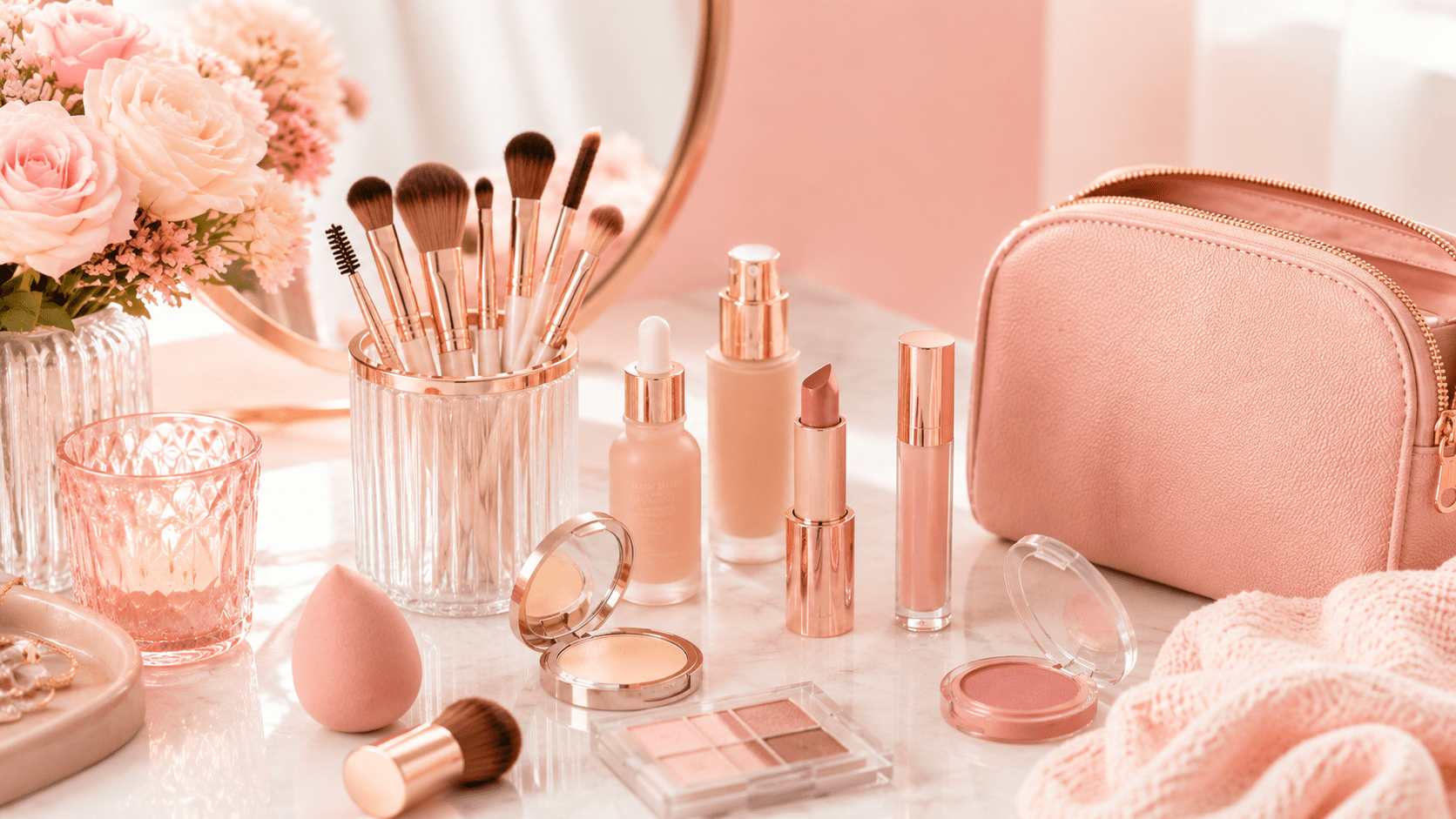 Looks Tools and Favorites makeup guide library with brushes makeup bag lip products blush and beauty tools