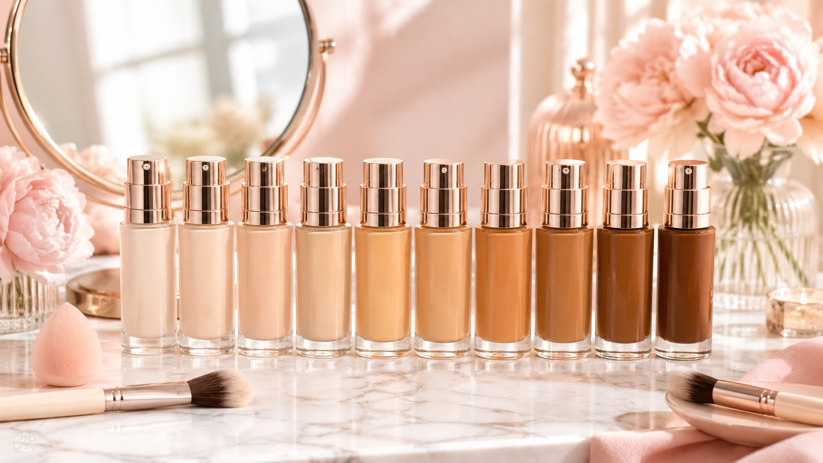 Foundation shade matching with multiple foundation shades on a soft pink makeup vanity