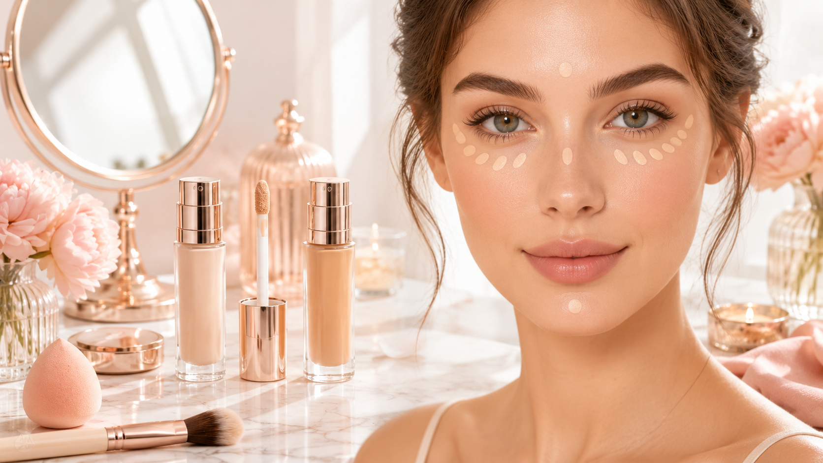 Concealer placement for beginners showing soft concealer placement points under the eyes and center of the face