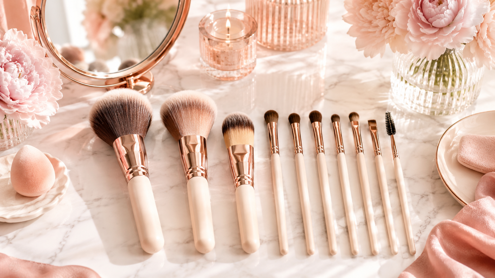 Makeup brush guide for beginners with soft rose gold makeup brushes on a pink vanity