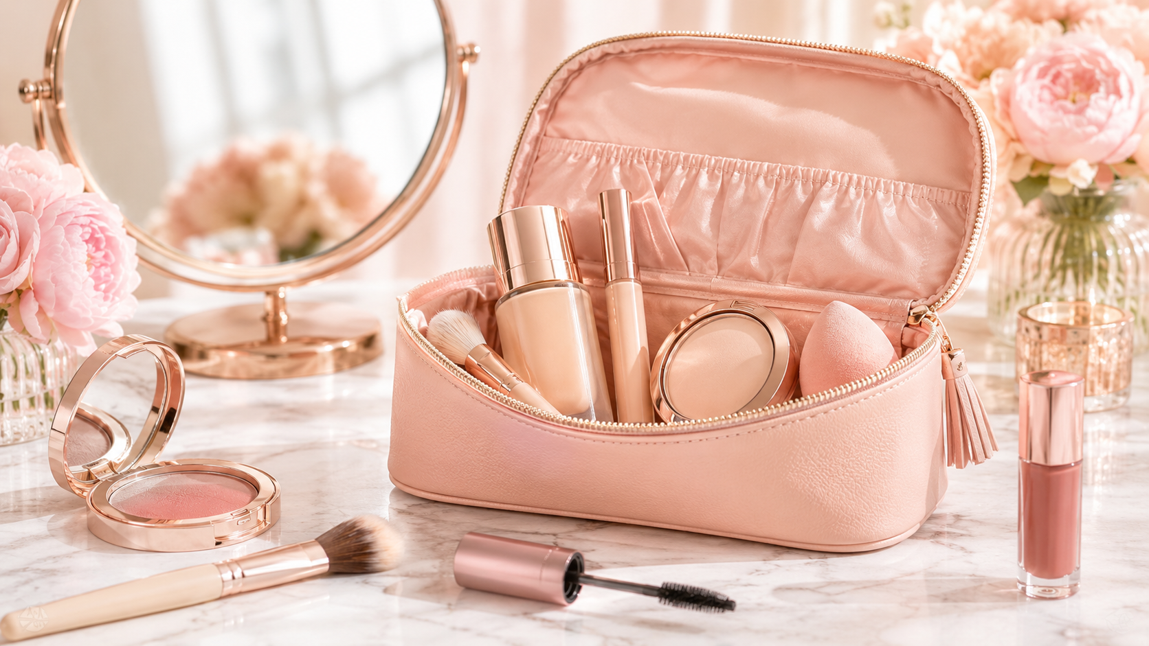 Makeup bag essentials with beginner beauty products in a soft pink makeup bag