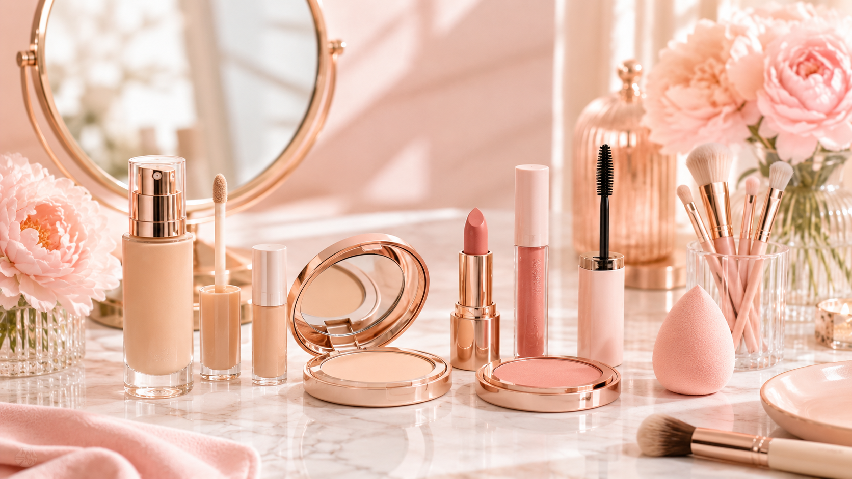Drugstore makeup starter kit with affordable beginner makeup basics on a soft pink vanity