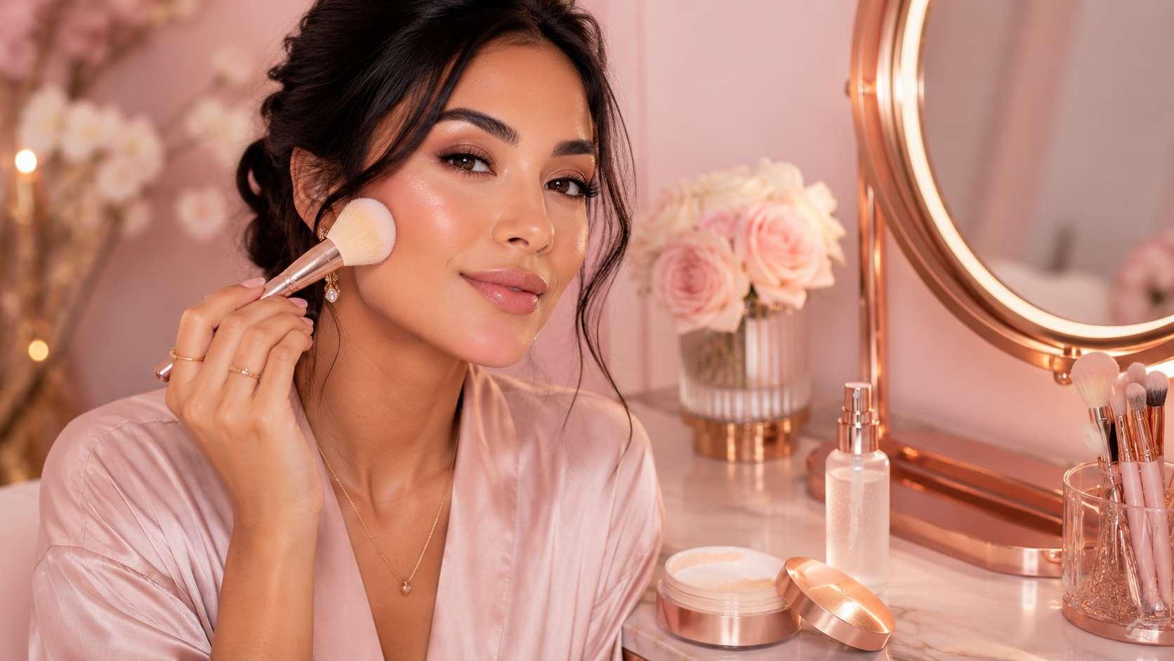 How to set makeup without looking dry with powder and setting spray at a soft pink vanity