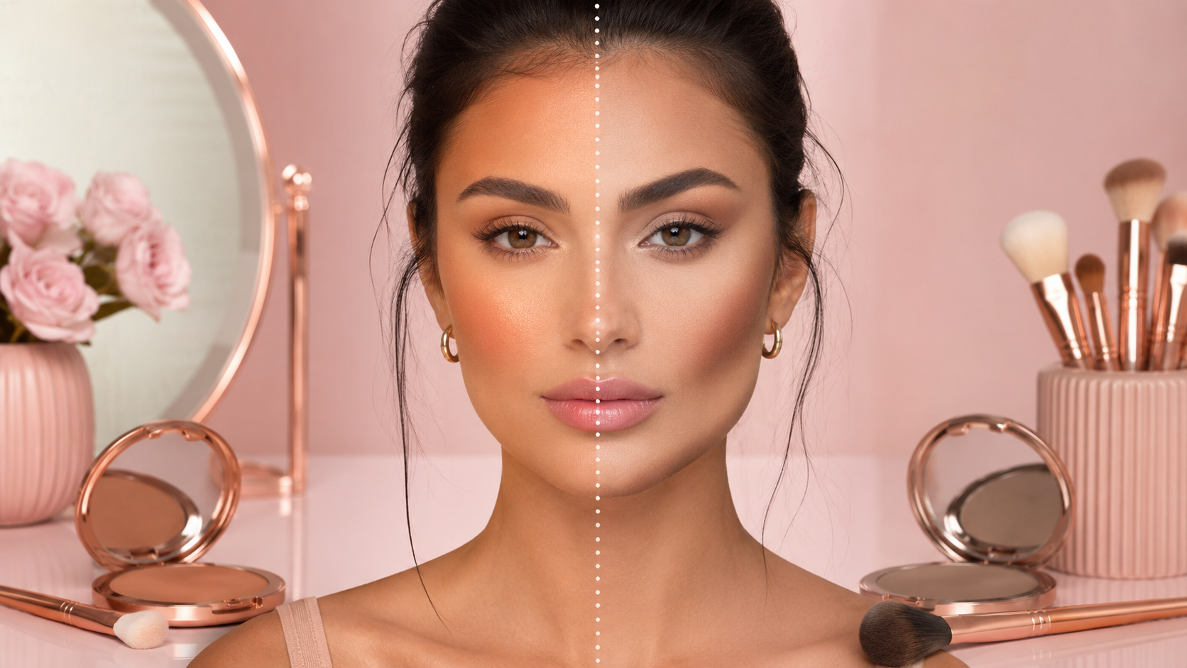 Bronzer vs contour makeup comparison with warm bronzer and cool contour at a soft pink vanity