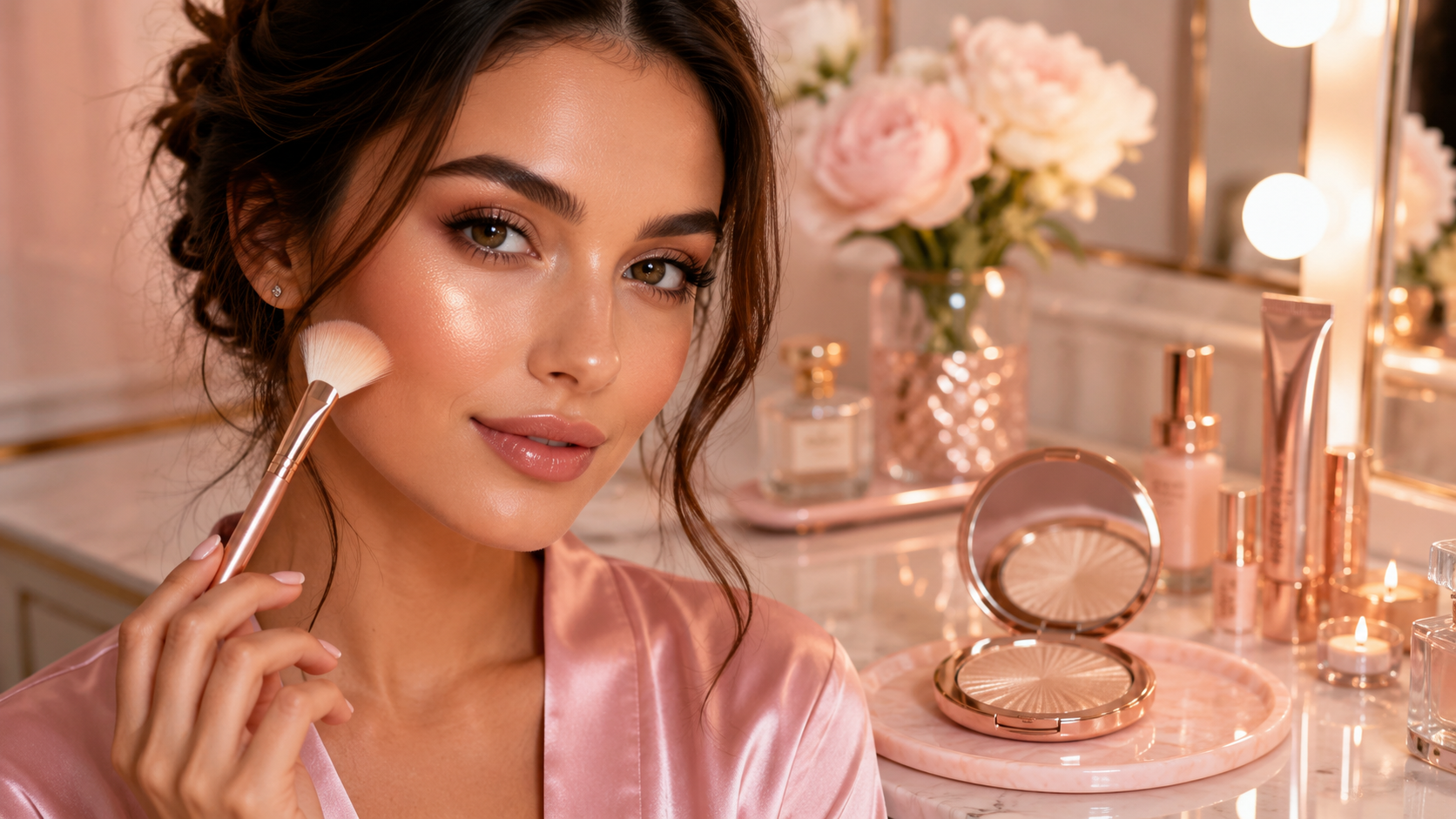 Highlighter placement for beginners showing soft glow on cheekbones at a pink vanity