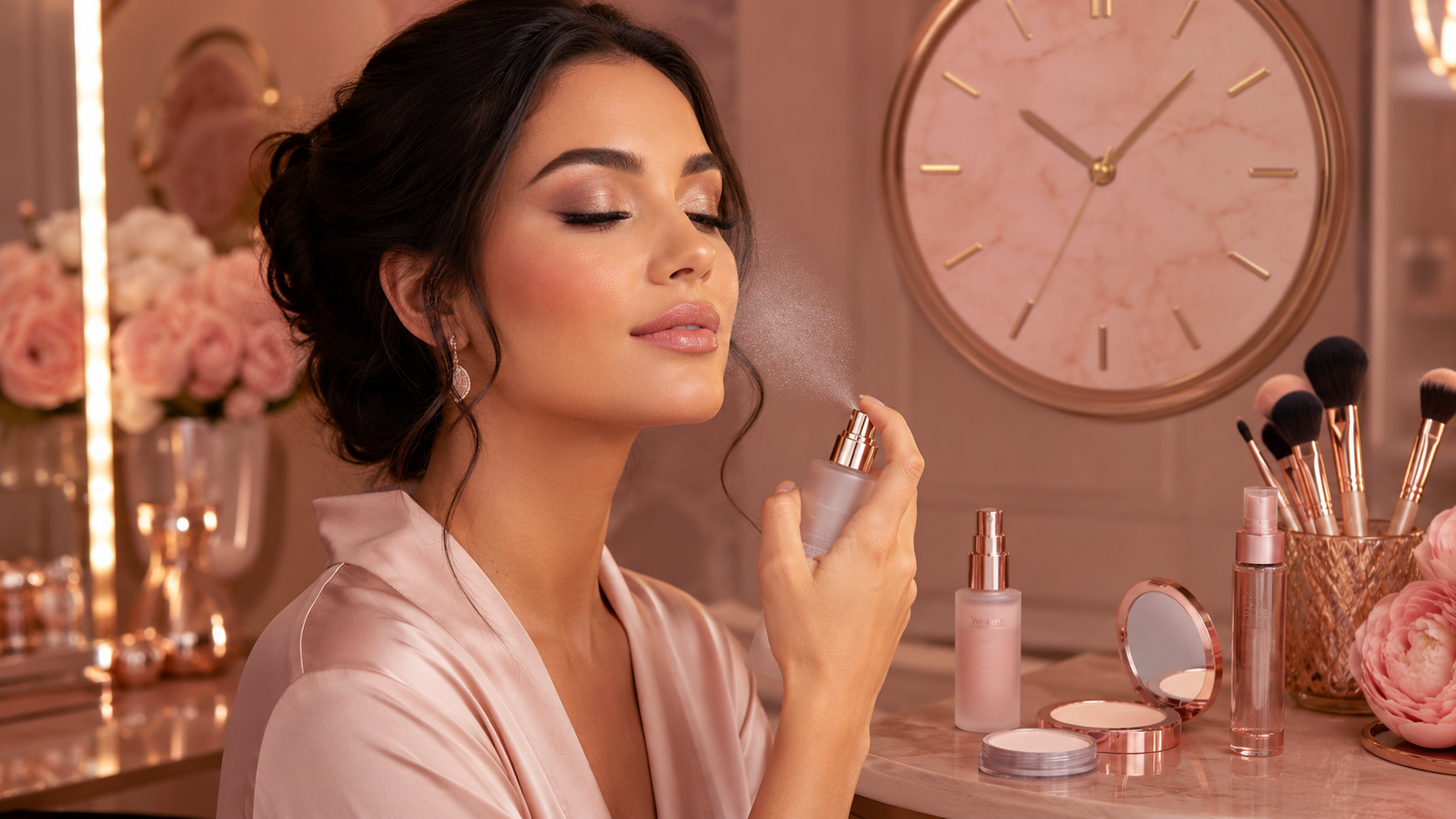 How to make makeup last all day with primer powder and setting spray on a soft pink vanity