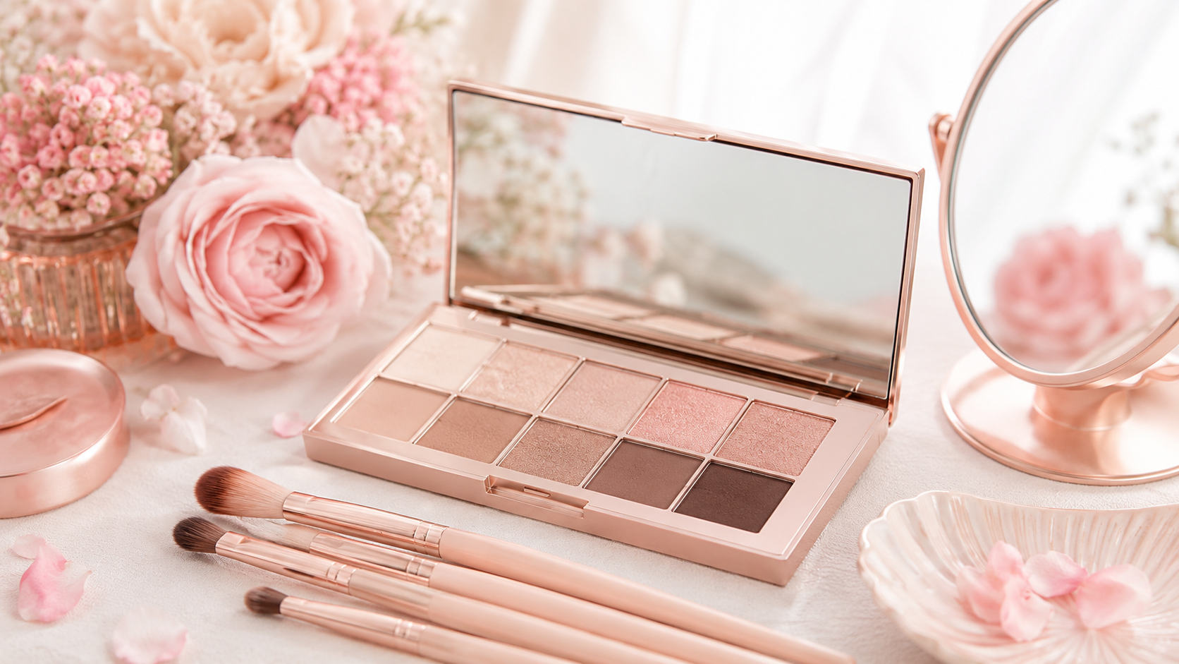 Eyeshadow for beginners with neutral palette and blending brushes on a soft pink vanity