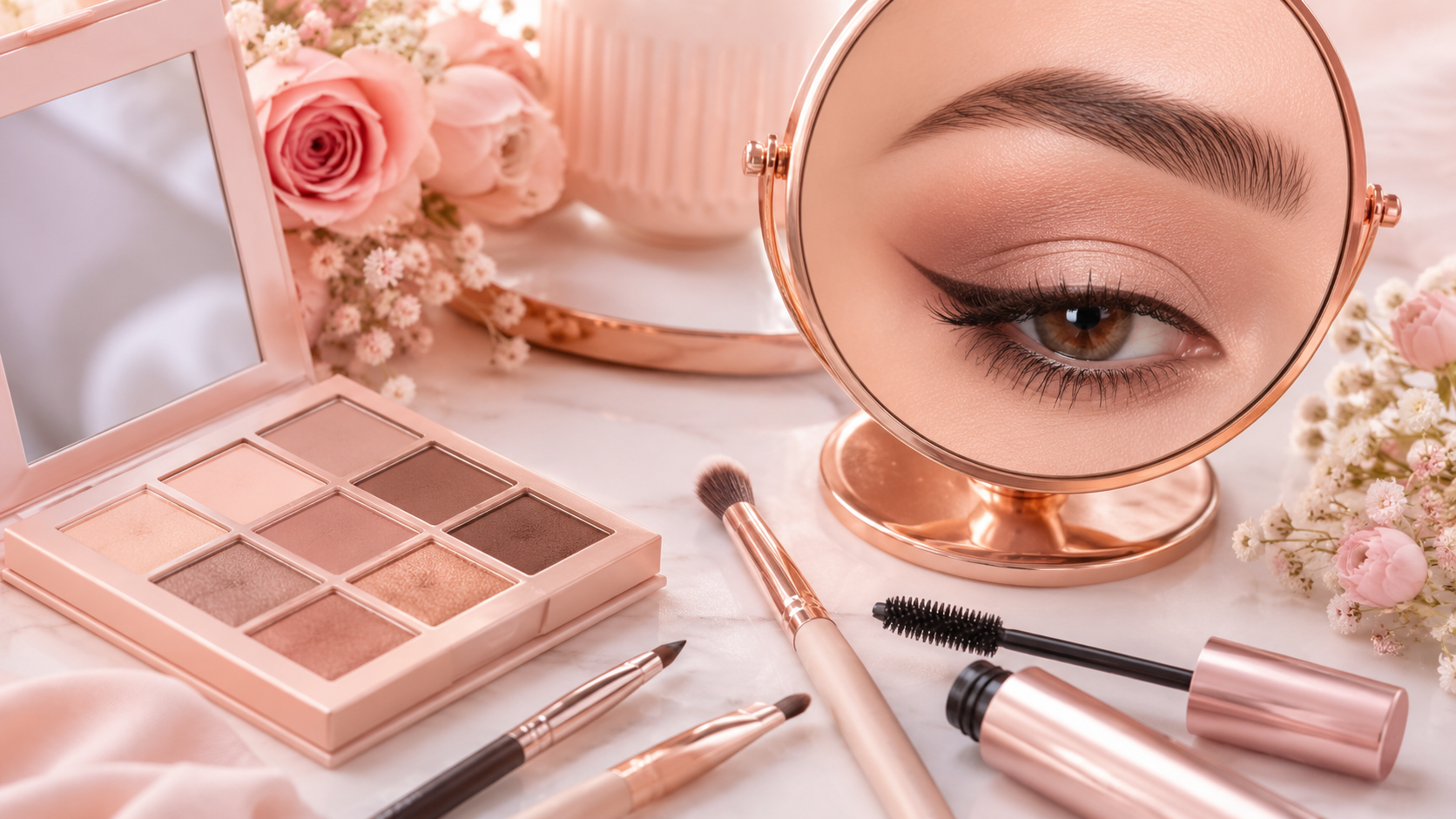 Hooded eye makeup tips with soft neutral eyeshadow eyeliner and mascara on a pink vanity