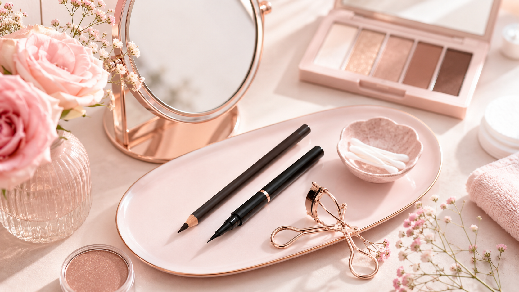 Eyeliner for beginners with pencil liner liquid liner and rose gold mirror on a pink vanity