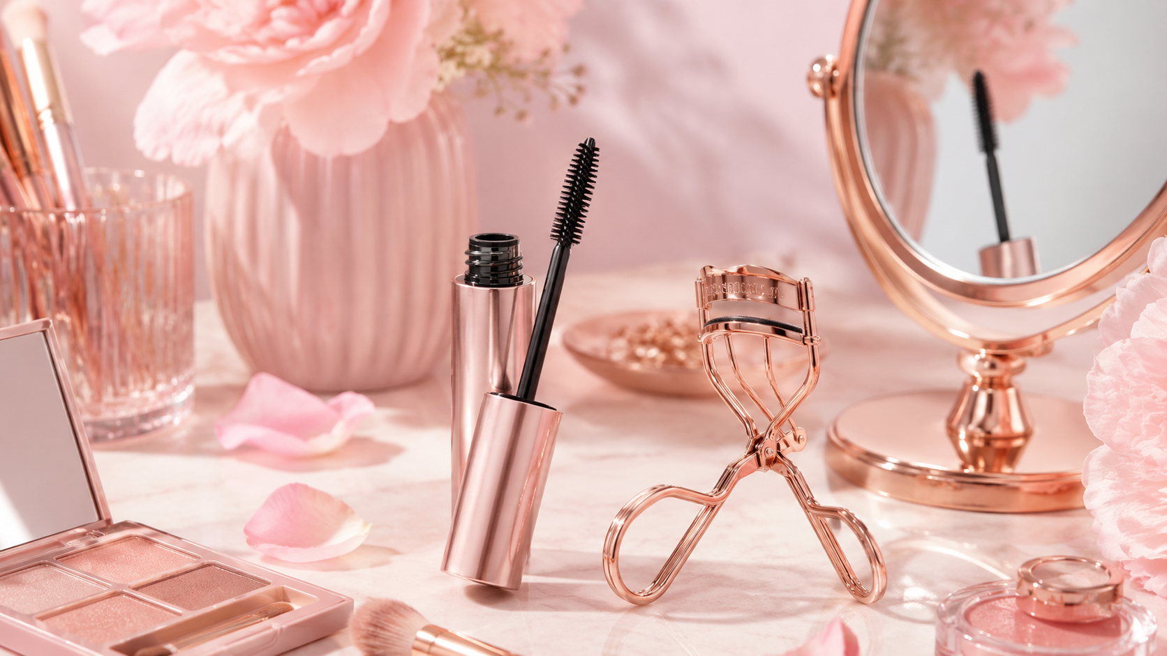 Mascara tips for short lashes with mascara wand eyelash curler and pink vanity setup