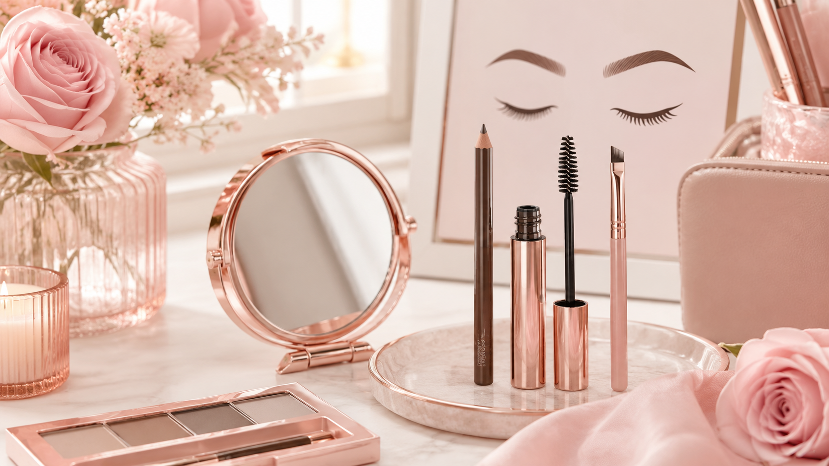 Brow makeup for beginners with brow pencil gel spoolie and soft pink vanity setup