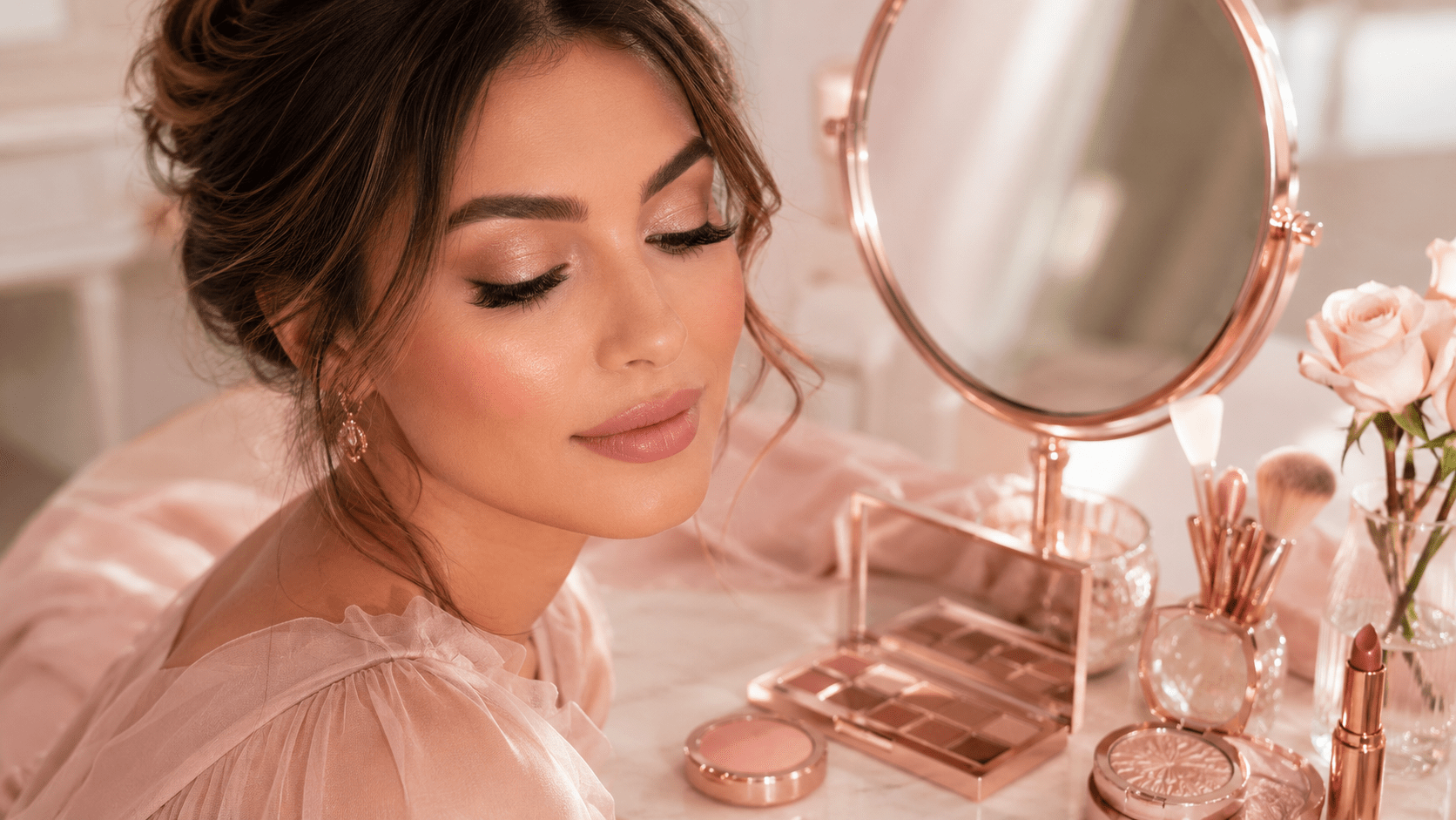 Soft glam makeup with neutral eyeshadow rosy blush and rose gold vanity setup
