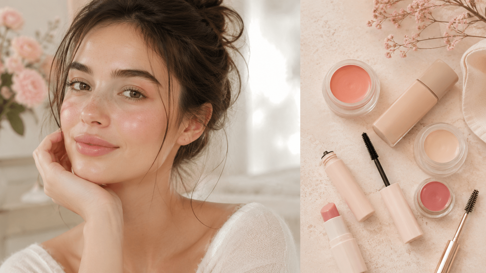 No makeup makeup look with fresh skin cream blush brow gel and natural beauty products