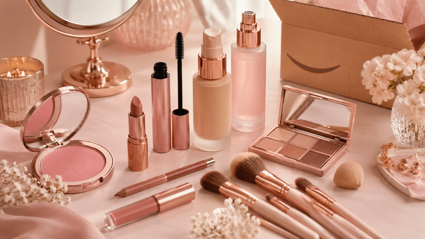 Amazon makeup favorites with beginner beauty products on a soft pink vanity