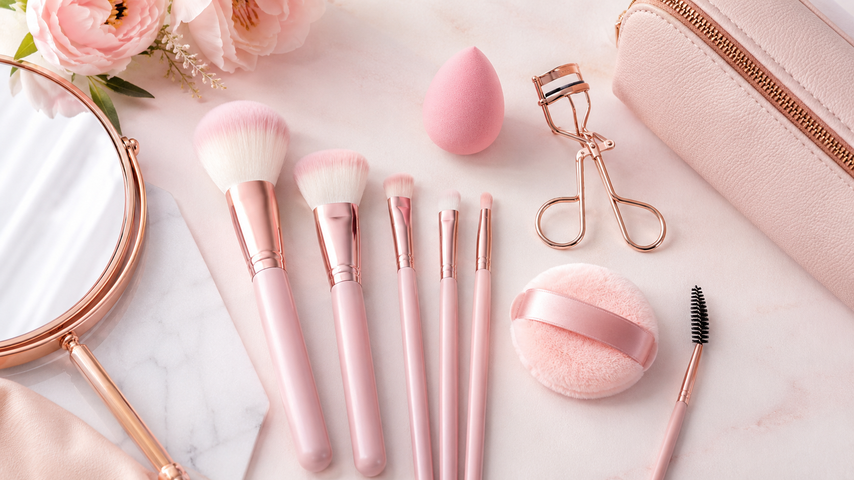Best makeup tools for beginners with brushes sponge lash curler puff and mirror on a pink vanity