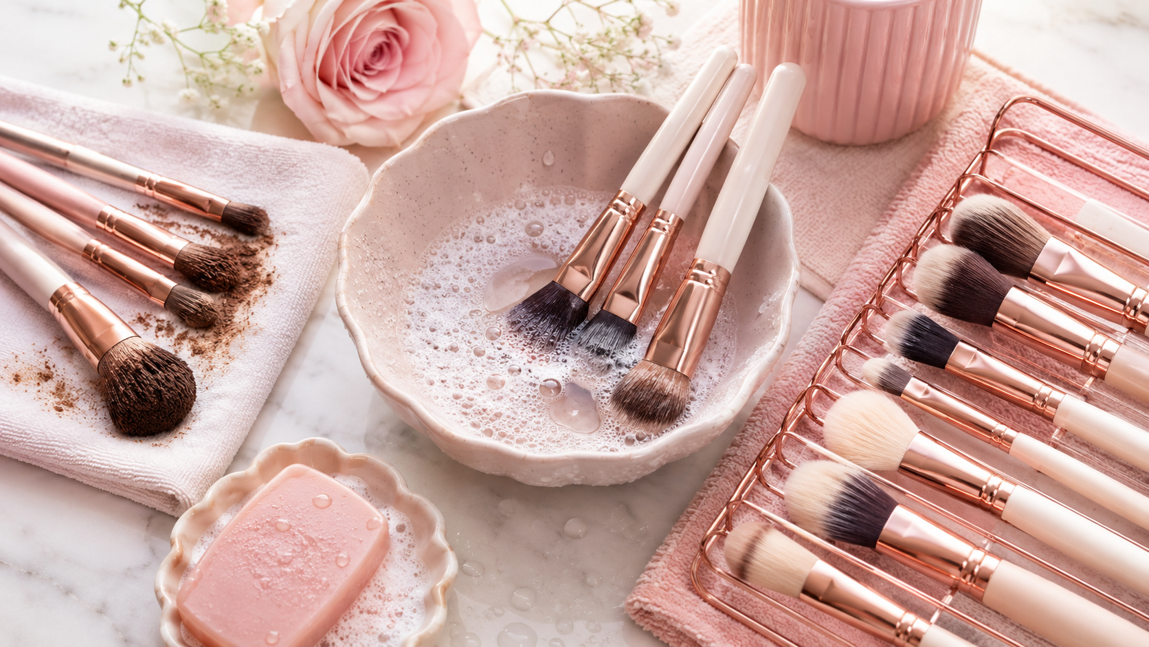 How to clean makeup brushes with soapy water towel and rose gold makeup brushes