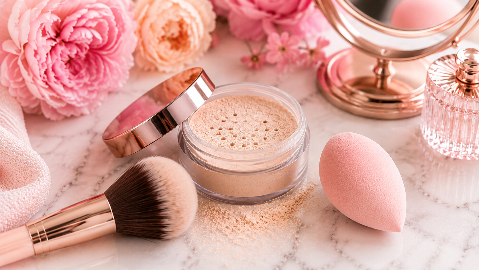Setting powder for dry skin with loose powder brush and damp makeup sponge